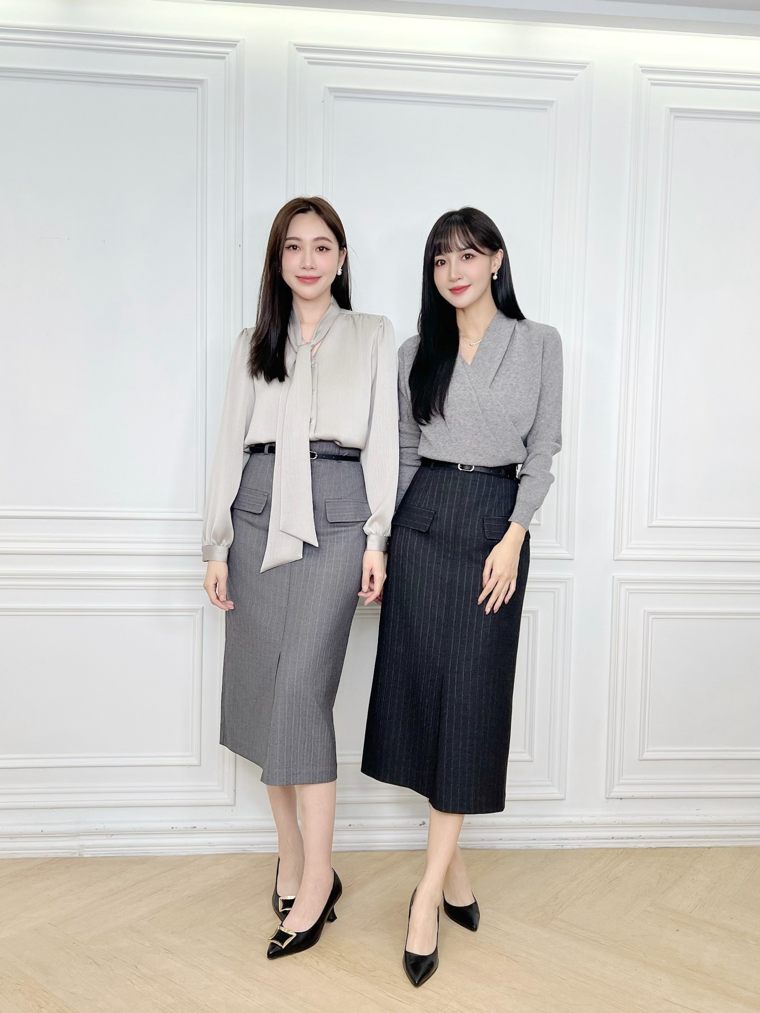 條紋腰帶雙裁片直筒裙