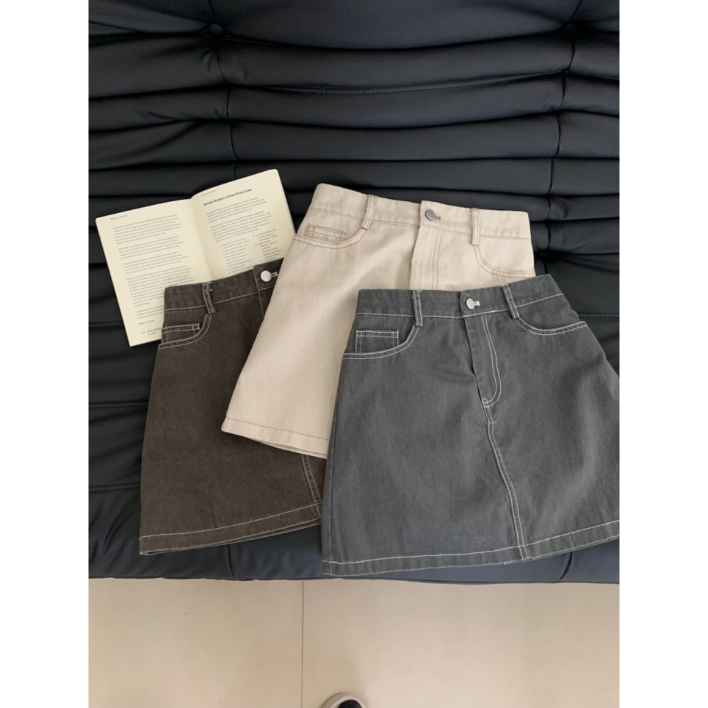 【imfine】低彩度日記 車線牛仔布後鬆緊短裙 #4496