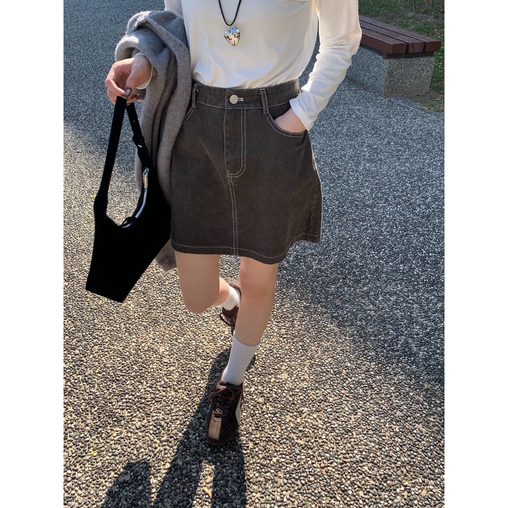 【imfine】低彩度日記 車線牛仔布後鬆緊短裙 #4496