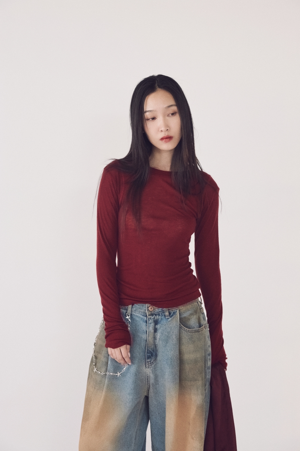 【瑕疵】拷克肌透合身上衣-酒紅