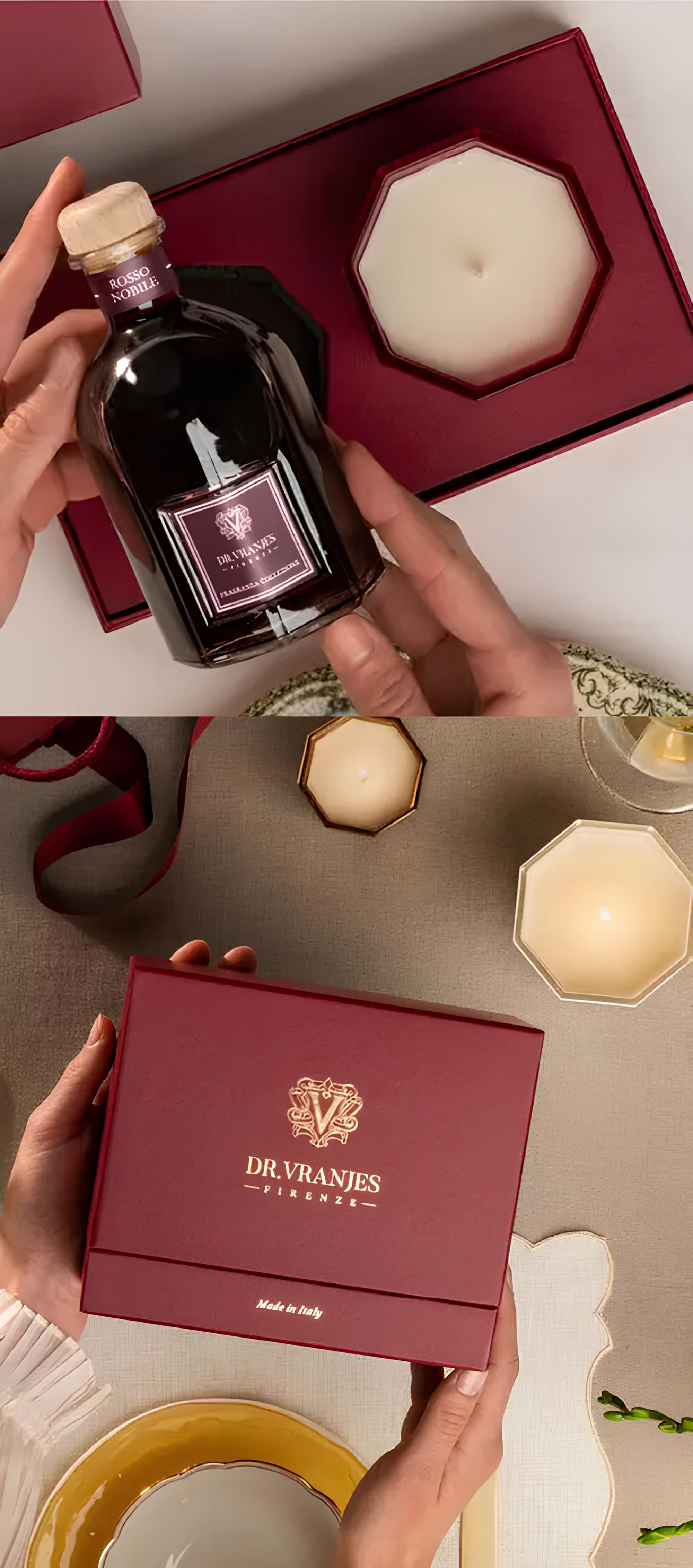 Dr. Vranjes Firenze-擴香蠟燭禮盒，燙金的品牌文字，感受來自歐洲的歷史底蘊