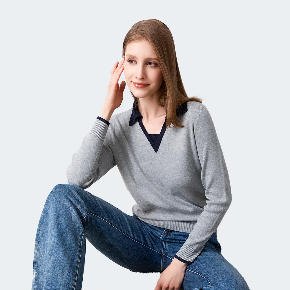 雙色領口撞色V領針織上衣