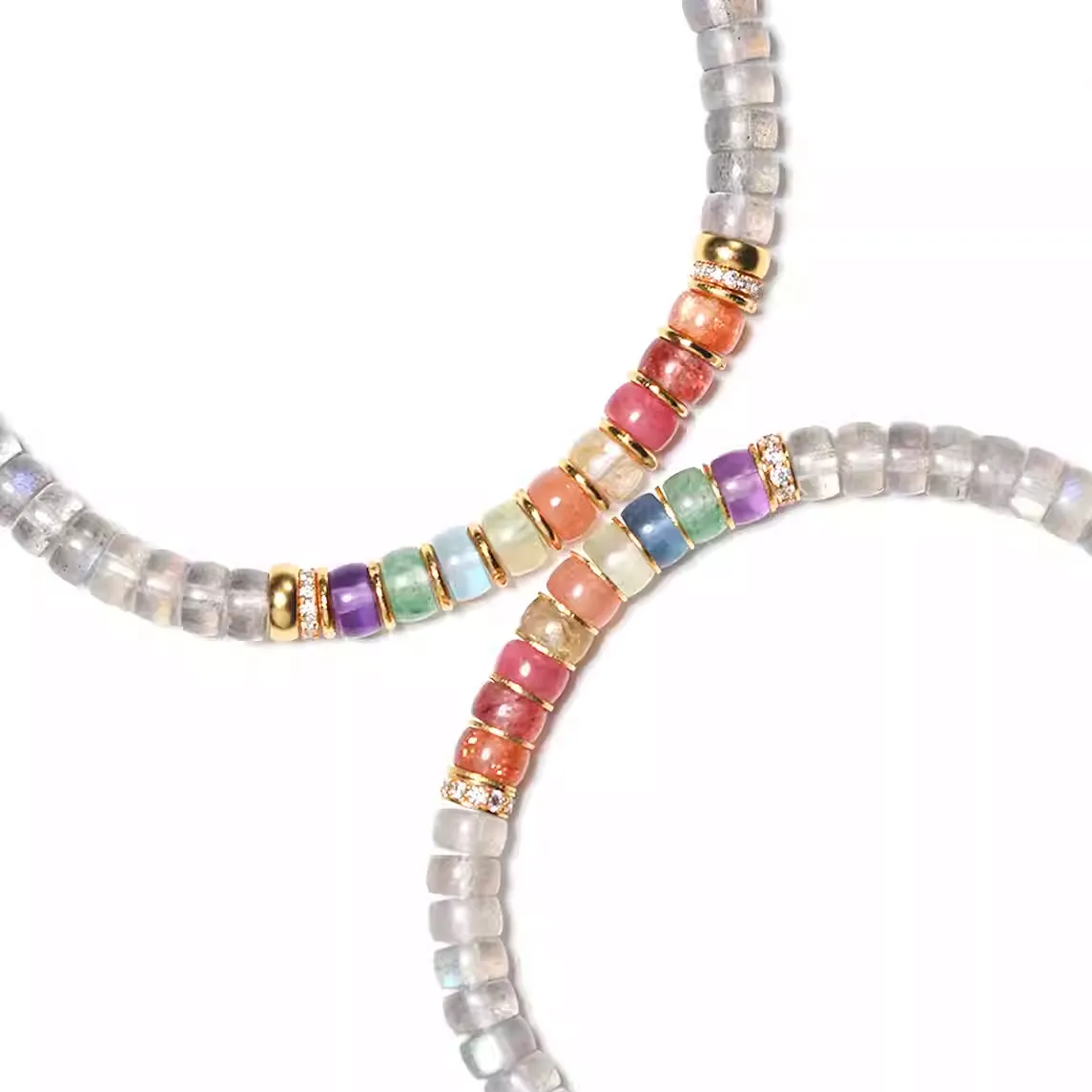 【寶石直切】彩虹灰月光拉長石+多功效多寶直切寶石等級水晶手鍊