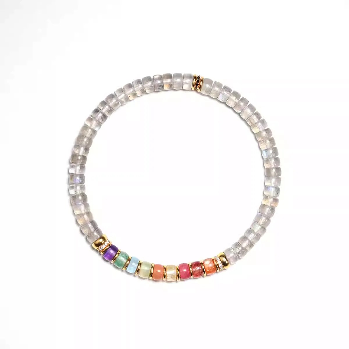 【寶石直切】彩虹灰月光拉長石+多功效多寶直切寶石等級水晶手鍊