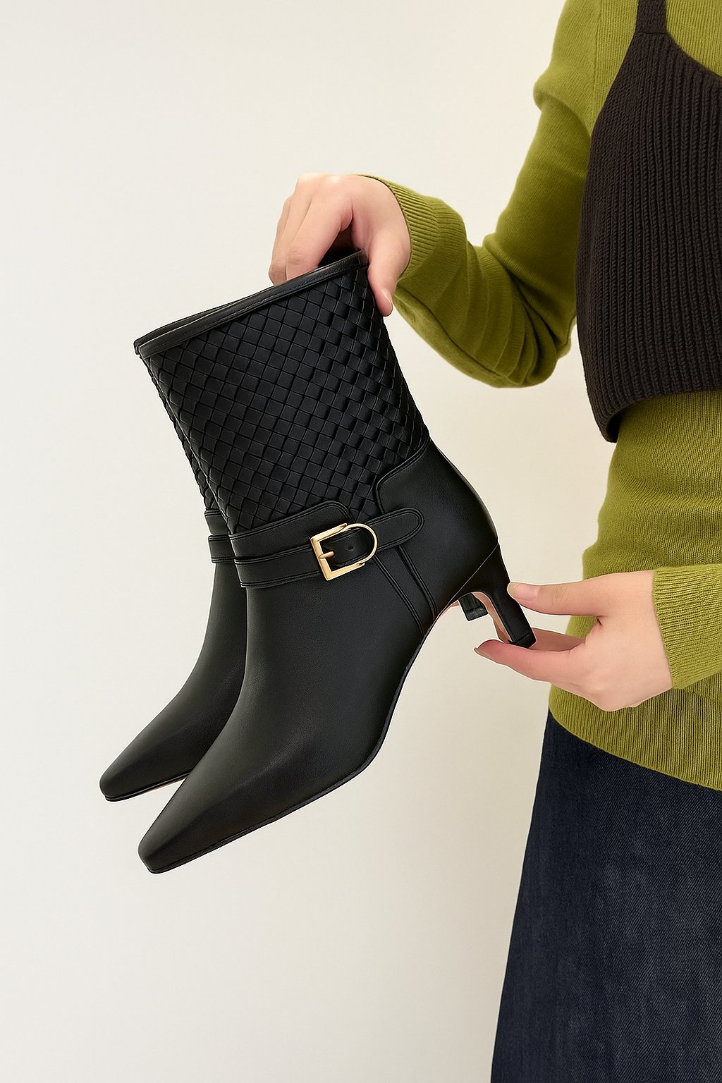 編織皮革中筒子短靴