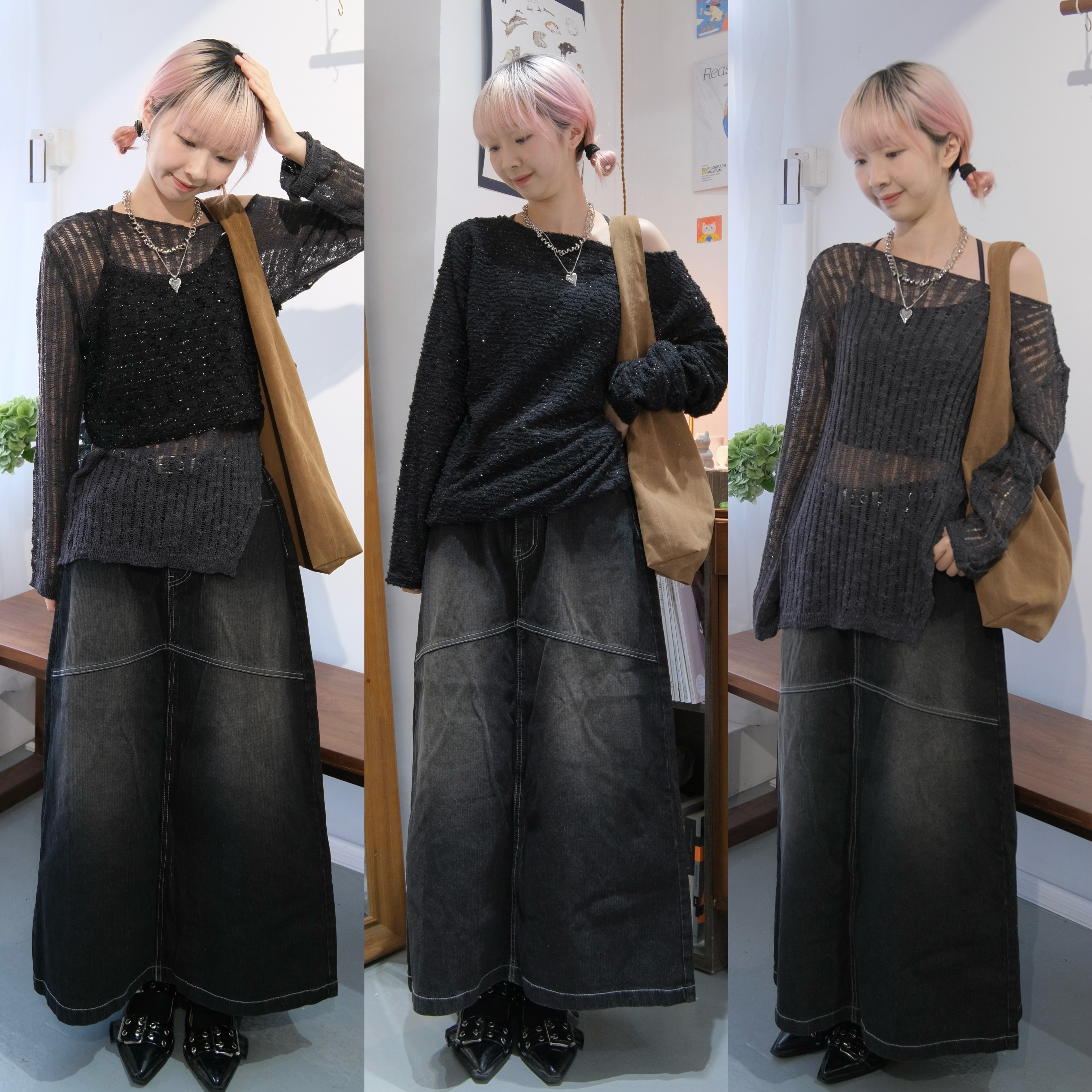 暗直條紋直身牛仔SK