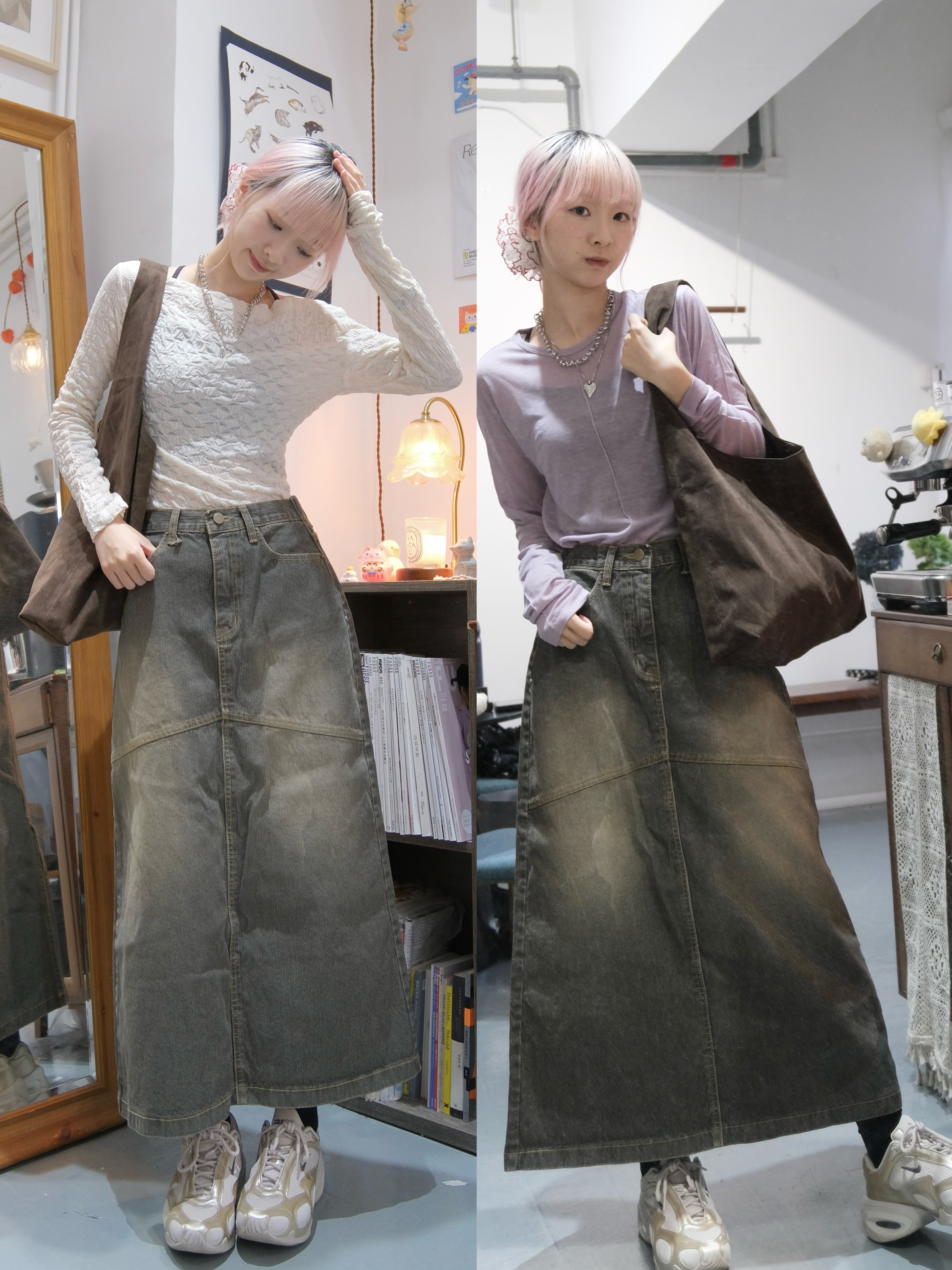 暗直條紋直身牛仔SK