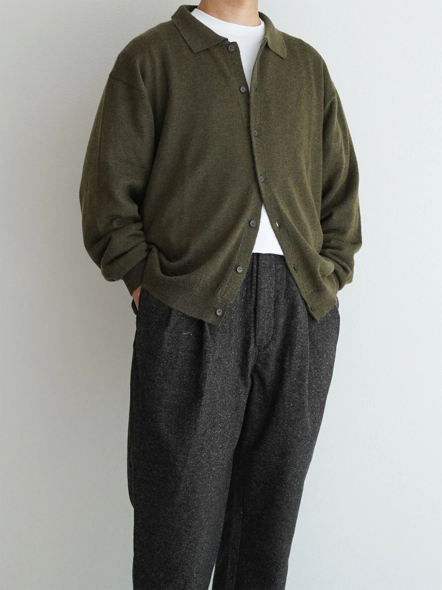 Still By Hand Extra Kid Mohair Polo Cardigan Olive KN01