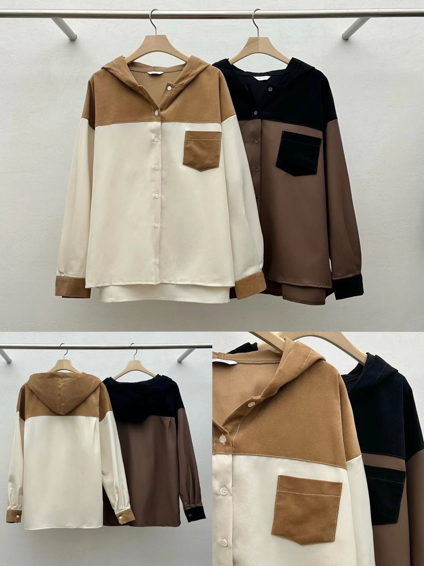 RF5231 雙色拼接燈芯絨連帽襯衫