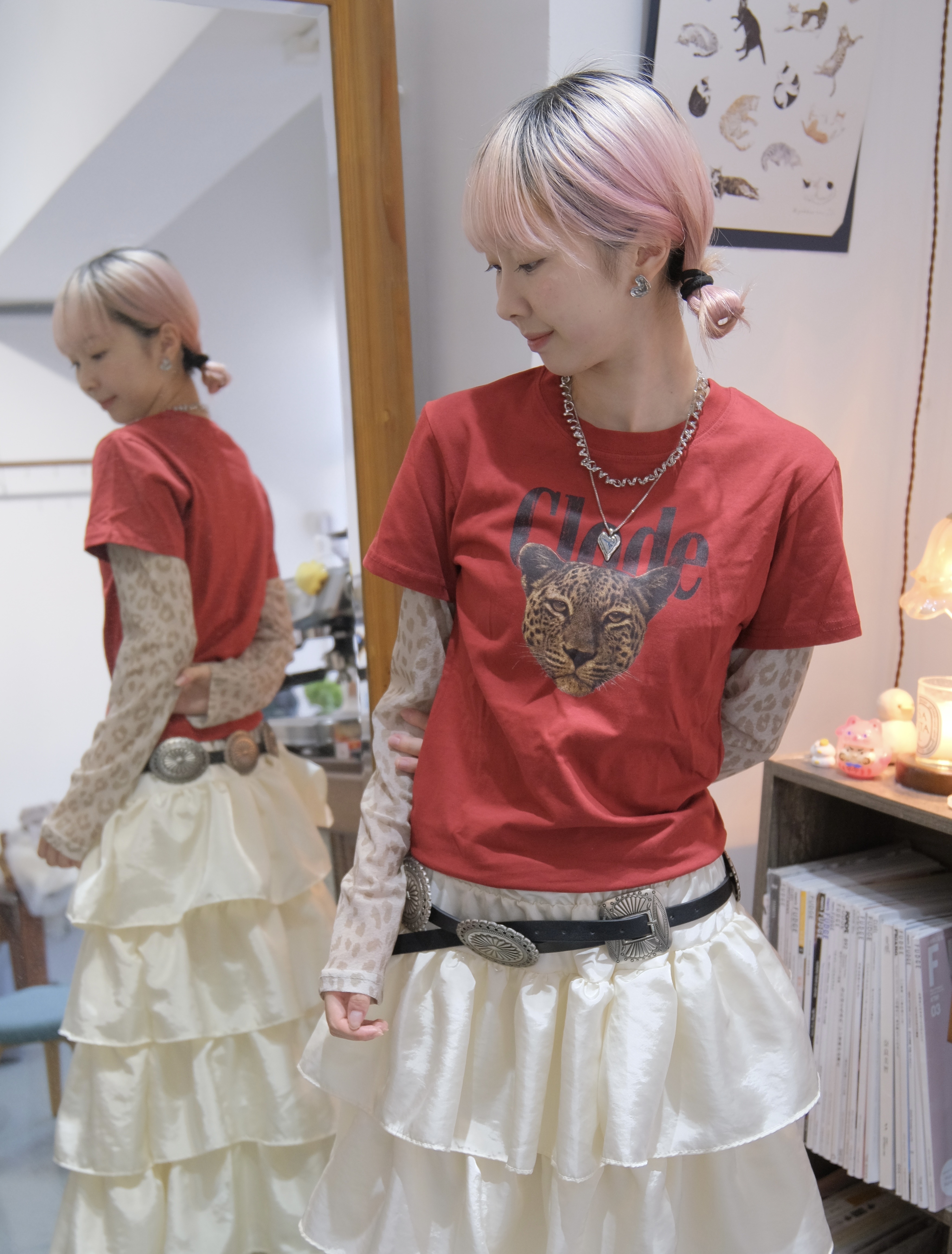 假兩件豹紋撞色Top