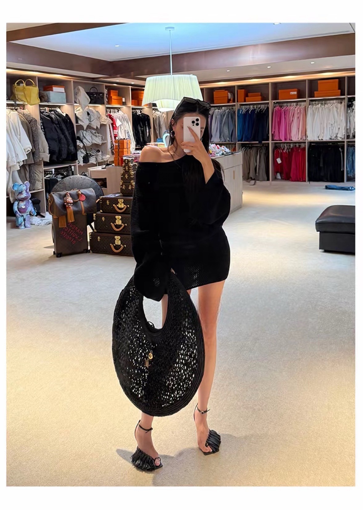 斜肩寬袖 收腰針織洋裝(黃/黑)