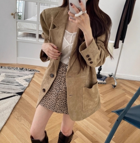 復古學院風 麂皮長版西裝外套(奶茶/深棕)