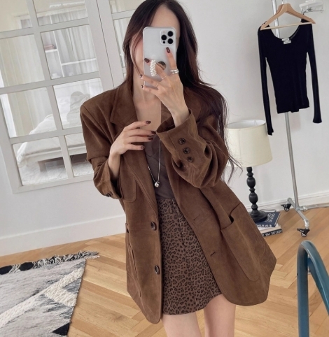 復古學院風 麂皮長版西裝外套(奶茶/深棕)