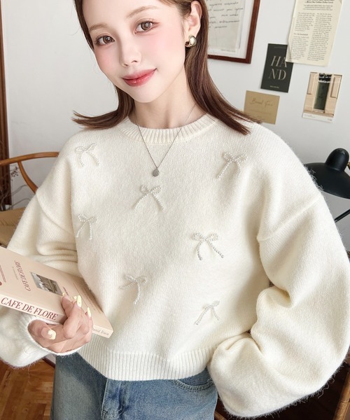 日本🇯🇵連線 Moment+ 蝴蝶結珍珠緞帶短款針織衫 珍珠緞帶 蝴蝶結 緞帶 針織 針織衫 芭蕾風 甜美 長袖 3色(任買兩件711免運)/預購