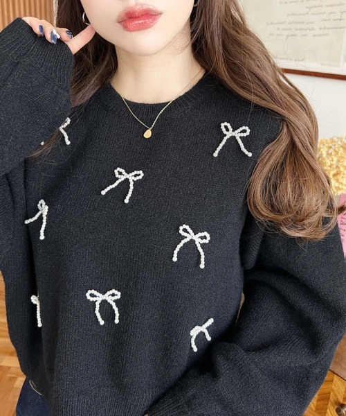 日本🇯🇵連線 Moment+ 蝴蝶結珍珠緞帶短款針織衫 珍珠緞帶 蝴蝶結 緞帶 針織 針織衫 芭蕾風 甜美 長袖 3色(任買兩件711免運)/預購