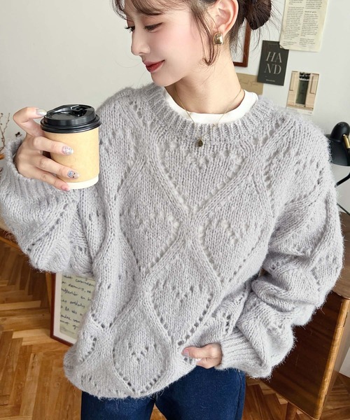 日本🇯🇵連線 Moment+ 心型鏤空馬海毛針織套頭衫 鏤空 愛心圖案 針織 針織衫 套頭衫 長袖 3色(任買兩件711免運)/預購