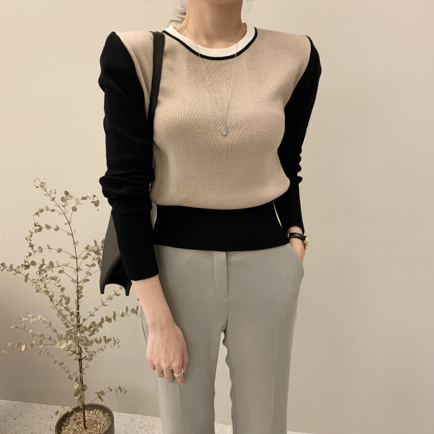 撞色針織上衣(黑袖/奶茶袖)