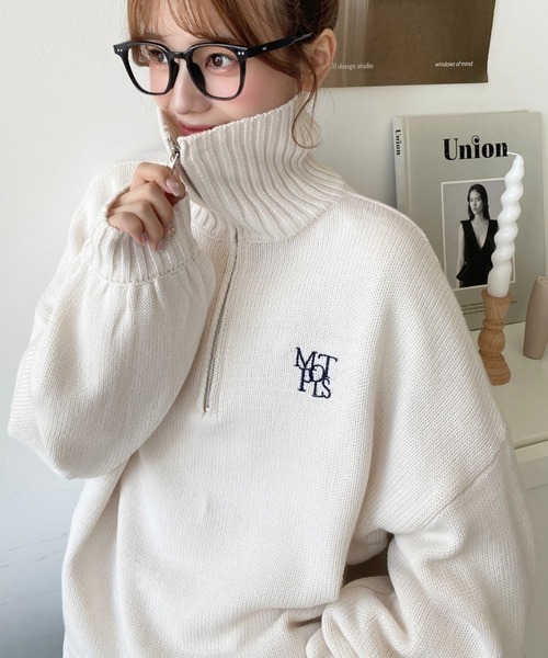 日本🇯🇵連線 Moment+ 個性半拉鍊刺繡針織套頭衫 針織 針織衫 套頭衫 半拉鍊 高領 刺繡 長袖 5色(任買兩件711免運)/預購