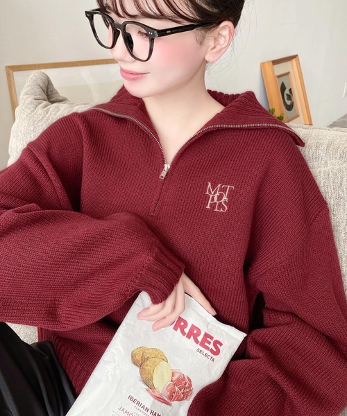 日本🇯🇵連線 Moment+ 個性半拉鍊刺繡針織套頭衫 針織 針織衫 套頭衫 半拉鍊 高領 刺繡 長袖 5色(任買兩件711免運)/預購