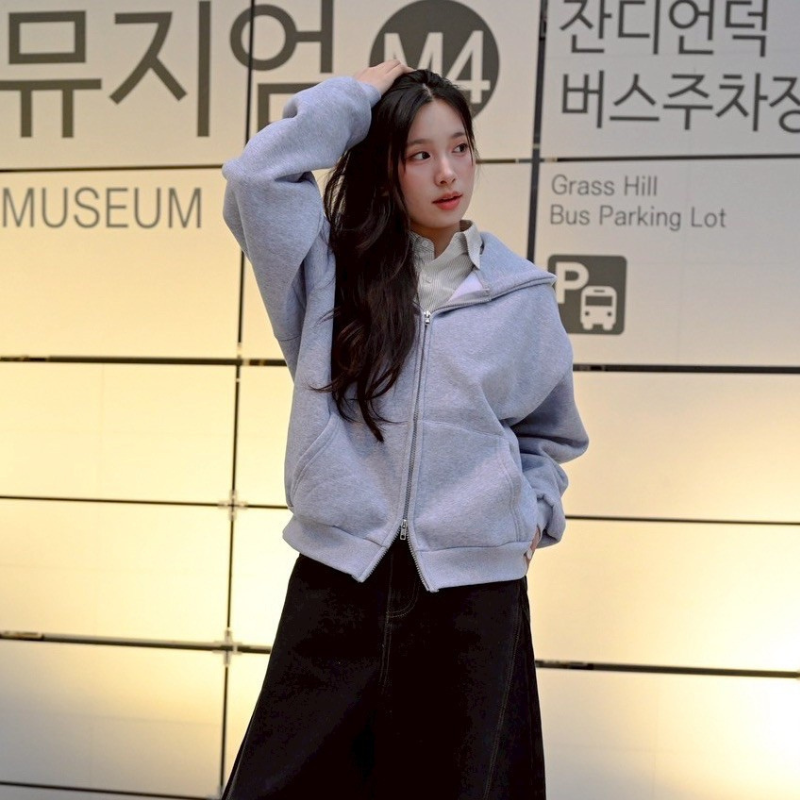 雙拉鏈寬短版型厚磅刷毛連帽外套