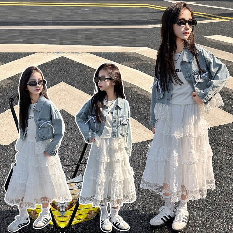 <兩件組> 下擺蕾絲牛仔外套+蕾絲蛋糕裙 130-170cm #8111