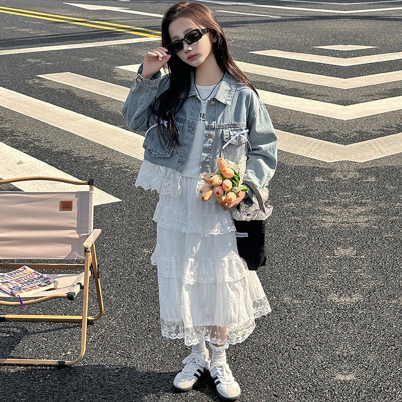 <兩件組> 下擺蕾絲牛仔外套+蕾絲蛋糕裙 130-170cm #8111