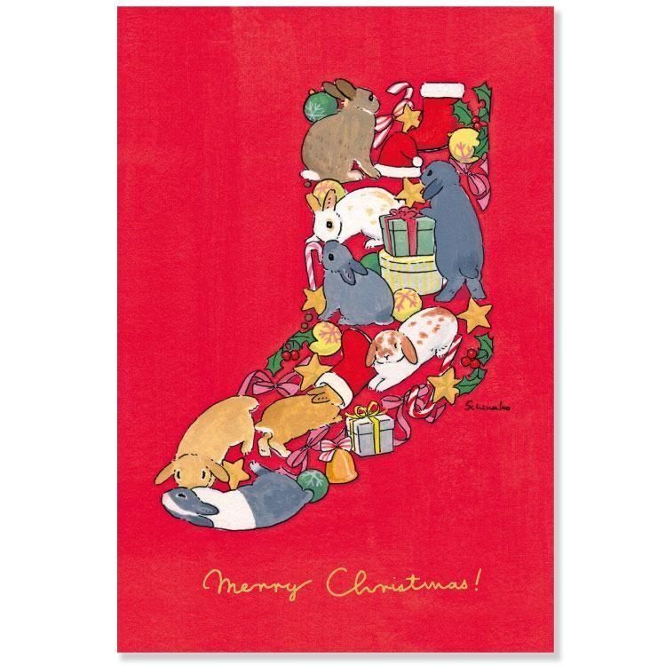 兔子聖誕襪 森山標子 箔押 聖誕明信片｜日本ACTIVE CORPORATION