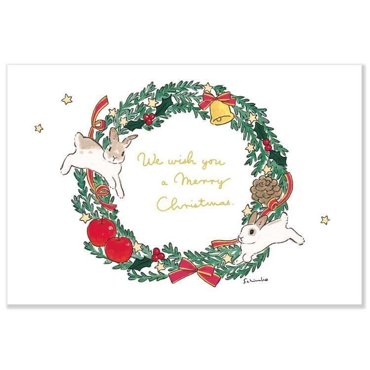 兔子聖誕花圈 森山標子 箔押 聖誕明信片｜日本ACTIVE CORPORATION
