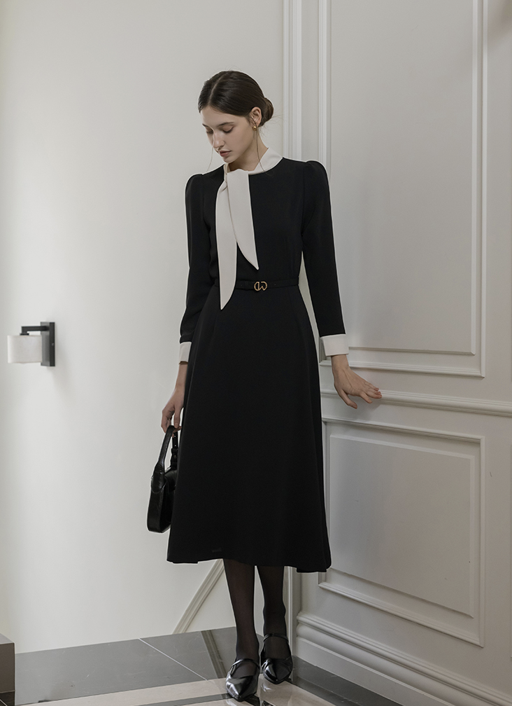 Deirdre 領巾撞色A字長洋裝 [ 2色 / S,M,L ]