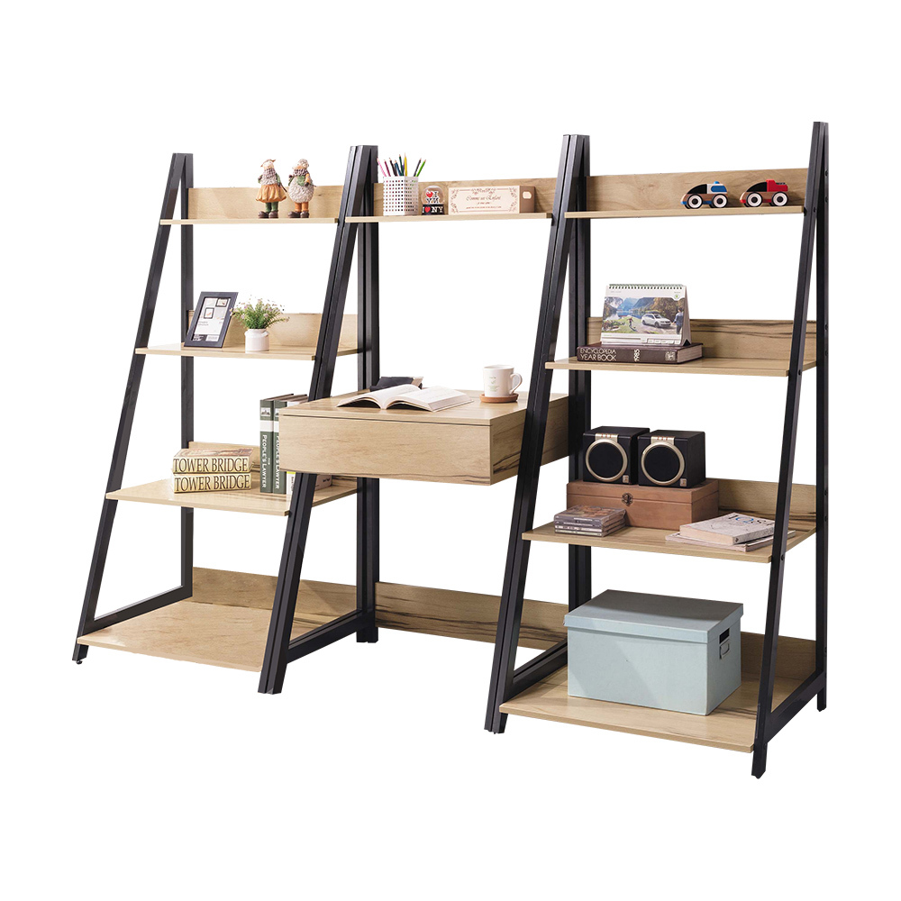 柯林6.4尺工業風開放式置物書架書桌組合(四層書架+書桌+四層書架)
