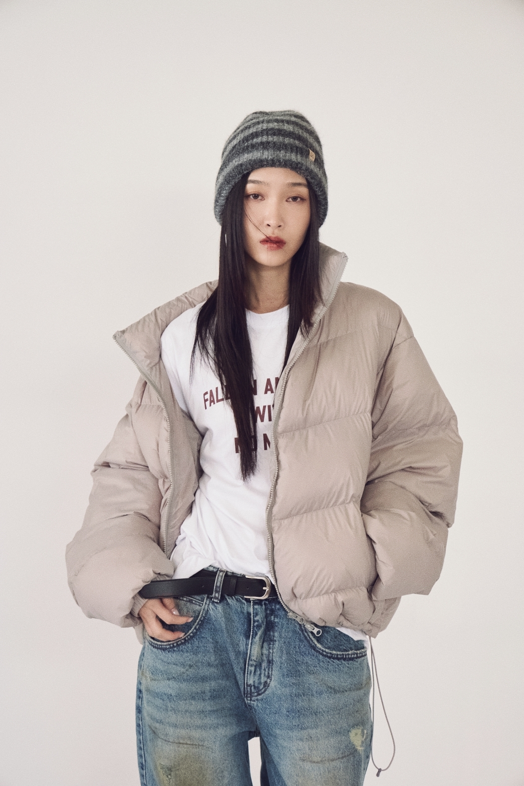【瑕疵】暖冬鴨絨立領拉鍊外套-灰杏