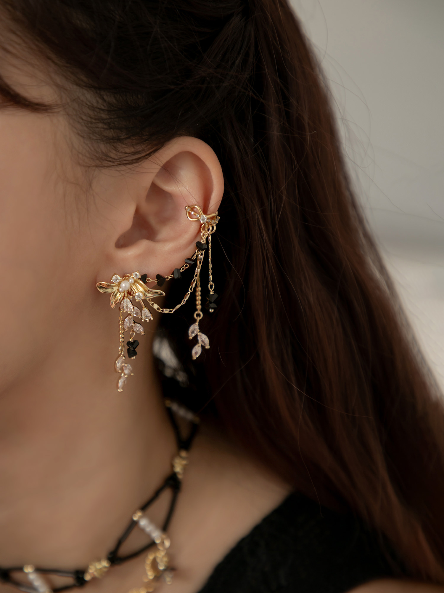 高塔審判。(4way)MUCHAT手作14+18KGP鋯石花葉耳骨耳環