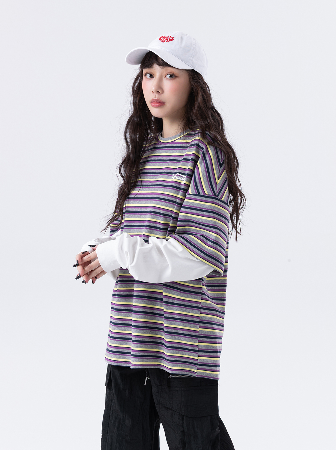 假兩件條紋長袖T恤