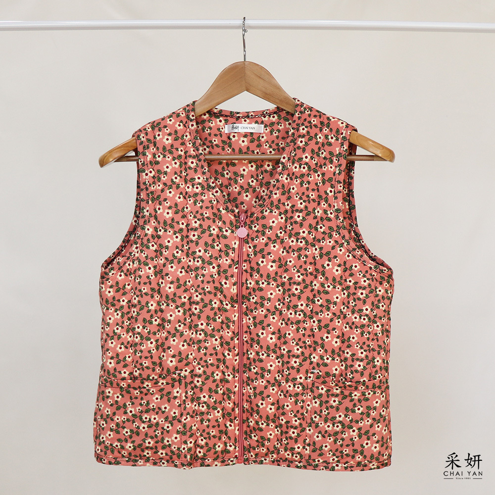 植物花朵滿版印花保暖絎縫背心