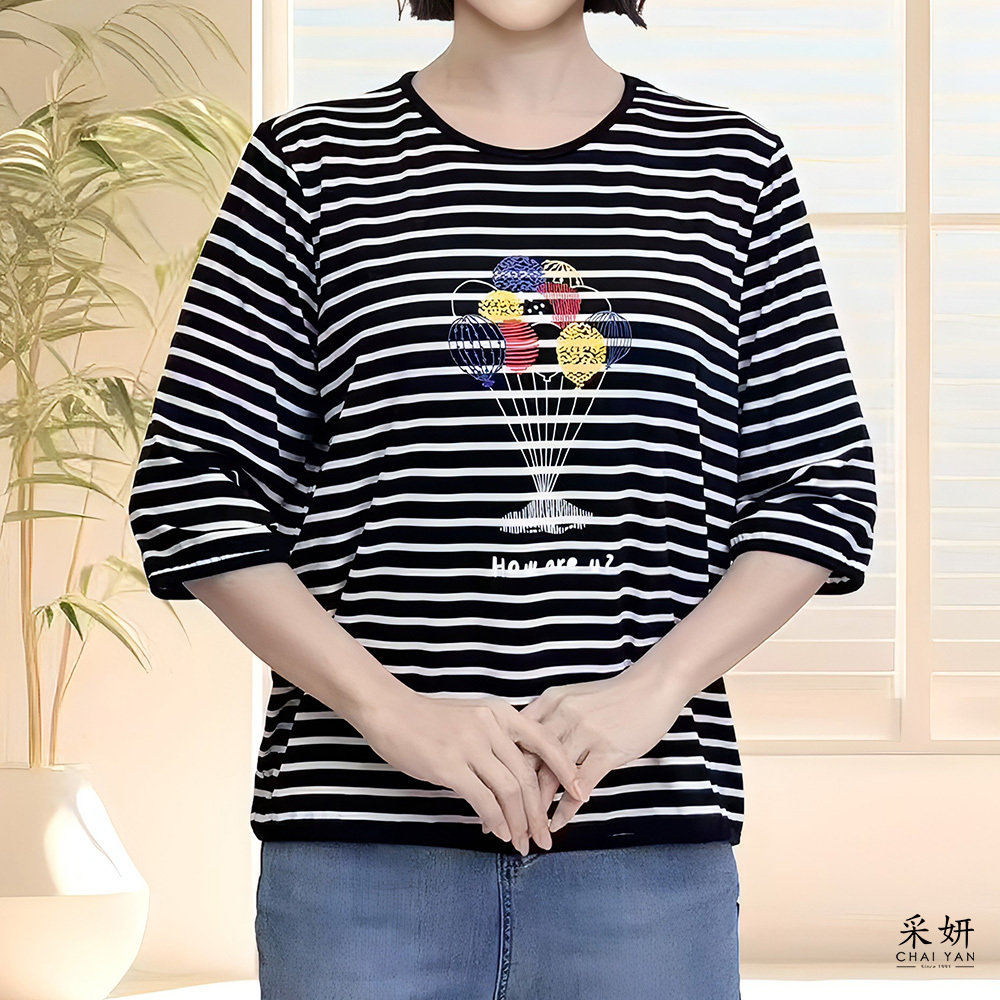條紋線條氣球印花滑棉圓領半袖上衣