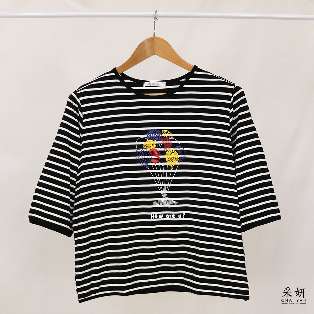 條紋線條氣球印花滑棉圓領半袖上衣