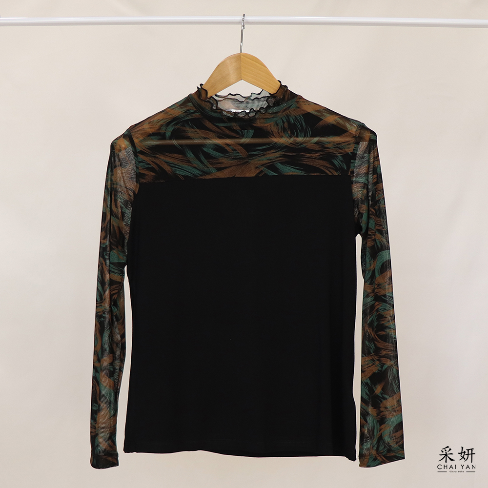 雪紡拼接修身木耳中高領長袖上衣