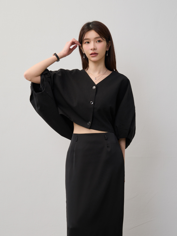 OH!HER 公主袖開釦上衣(3%亞麻)