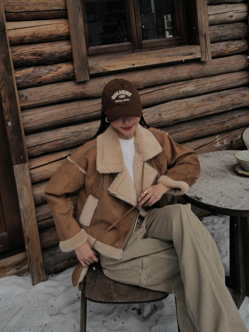 (附包)貂毛拼接麂皮騎士外套*2色