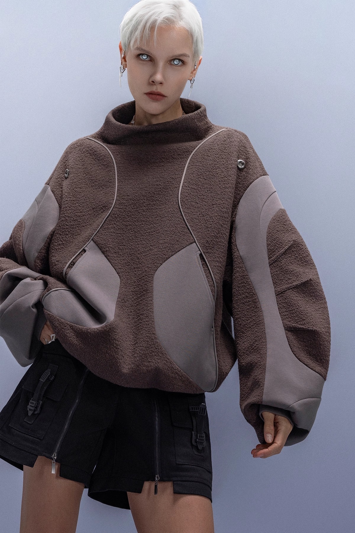 XIPHEVIL「機械式手高領衛衣」高街寬鬆彎刀袖百搭套頭外套賽博龐克