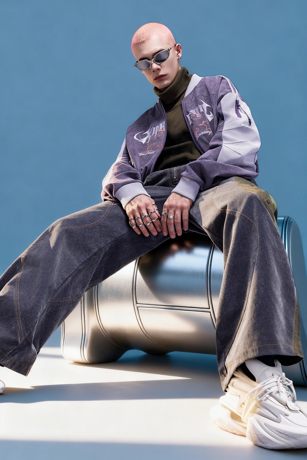 XIPHEVIL「灣區舞力外套」桃皮絨麂皮寬鬆街頭刺繡短外套賽博龐克