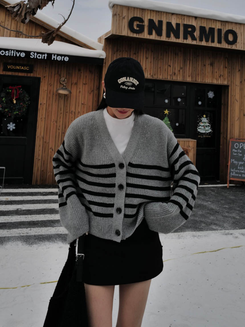 鈕釦條紋粗針織外套*3色