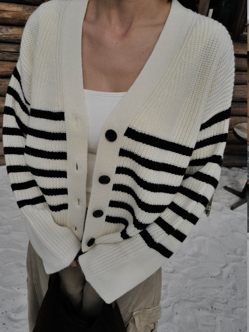 鈕釦條紋粗針織外套*3色