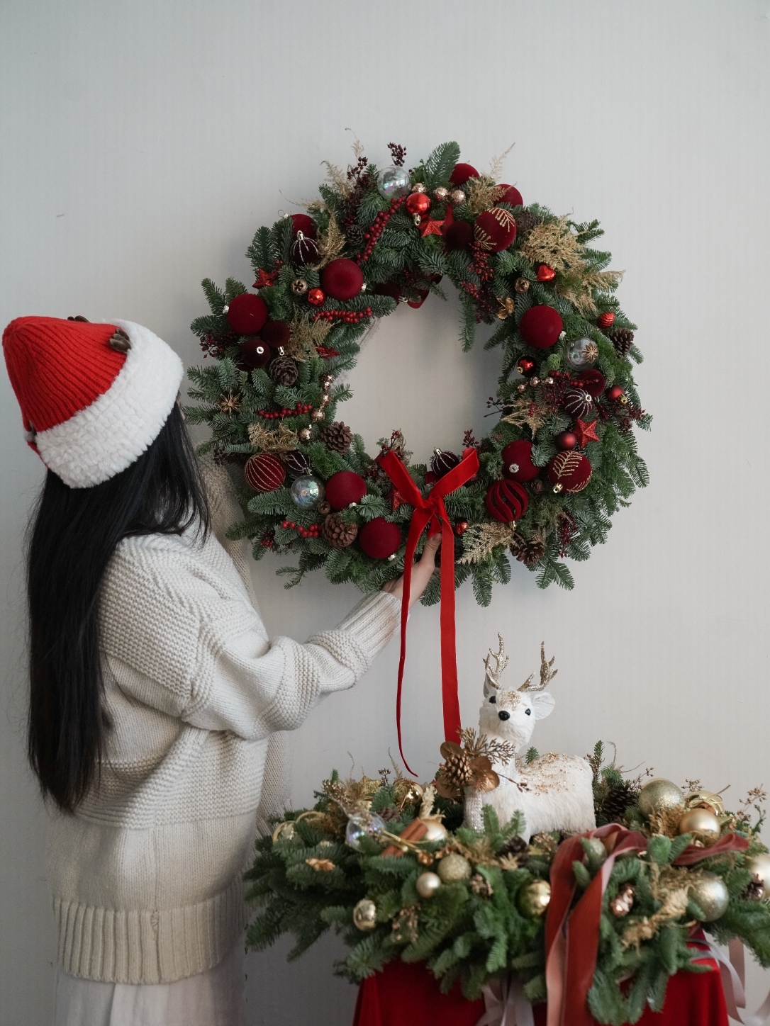 【 新鮮 】熾熱諾貝松聖誕花圈 M ~ XL