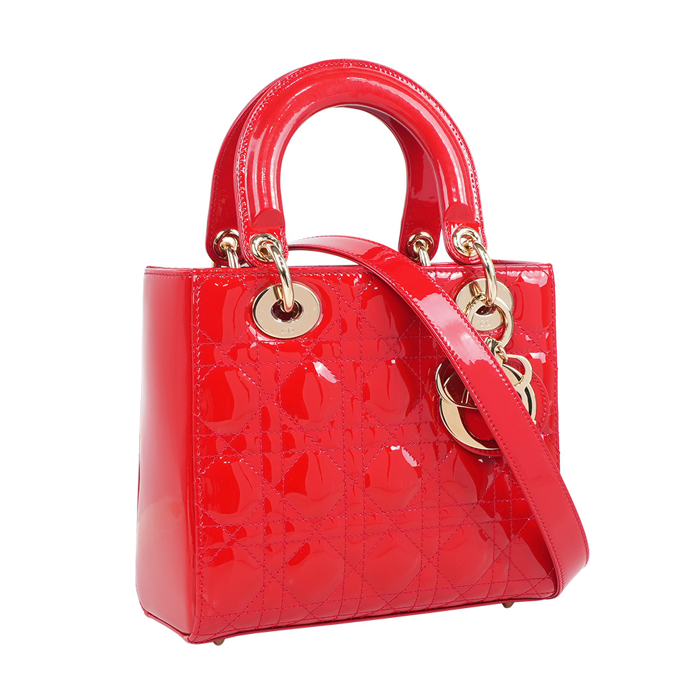 【CHRISTIAN DIOR】Lady Dior 五格漆皮小牛皮小款手提/斜背二用黛妃包(亮紅色)