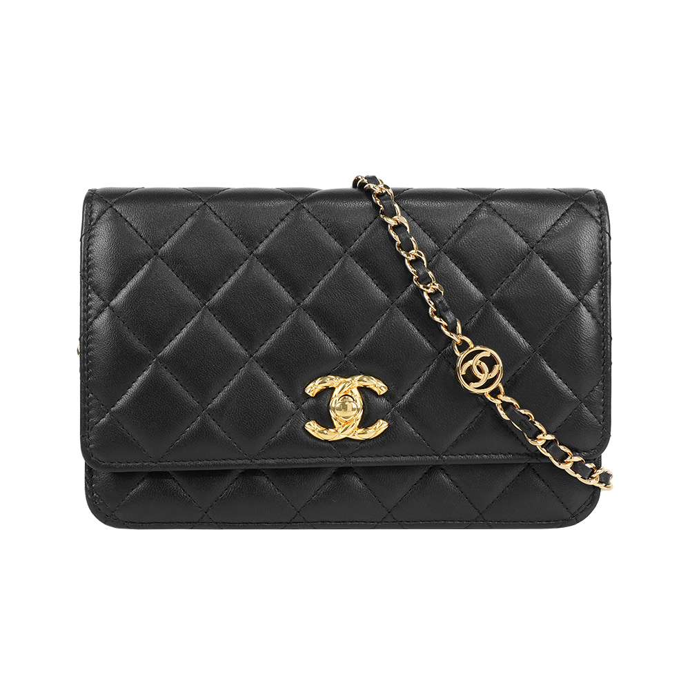 【CHANEL】CC 菱格紋金釦小羊皮礦石鍊WOC/皮夾式鍊包(黑色)