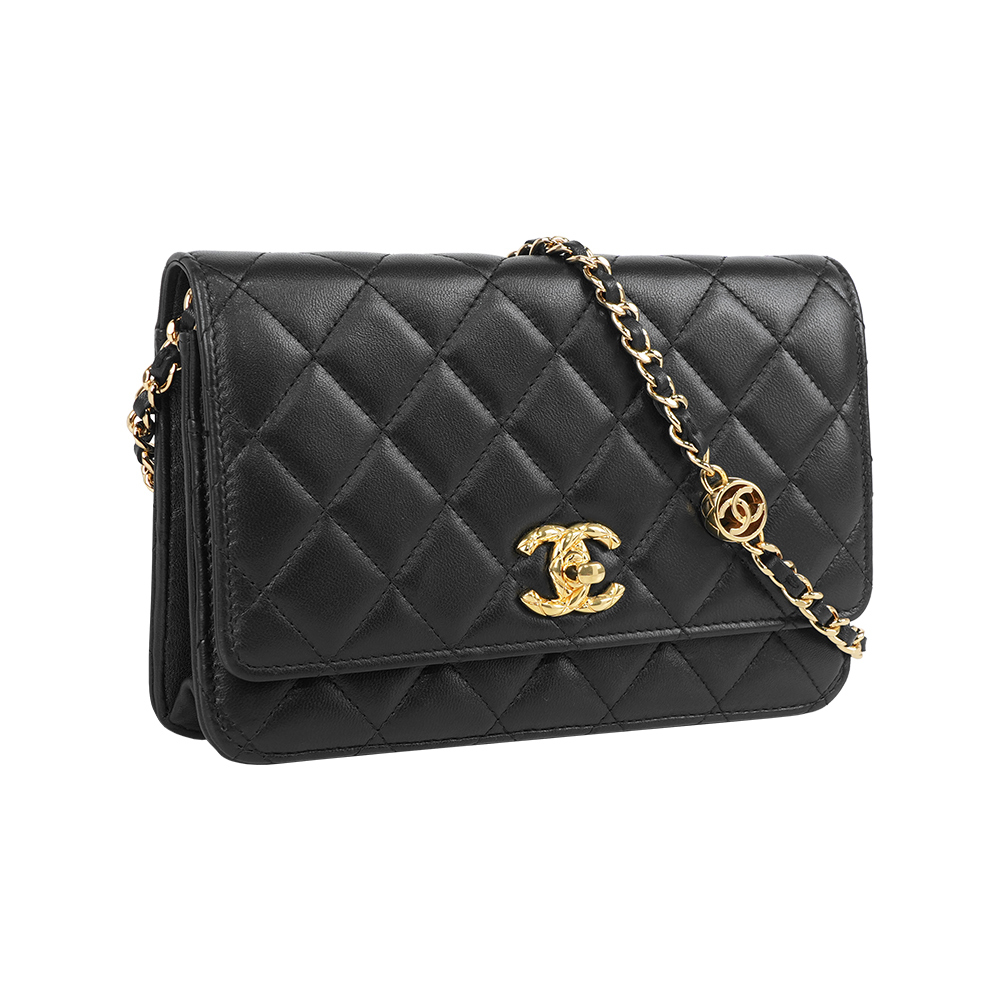 【CHANEL】CC 菱格紋金釦小羊皮礦石鍊WOC/皮夾式鍊包(黑色)