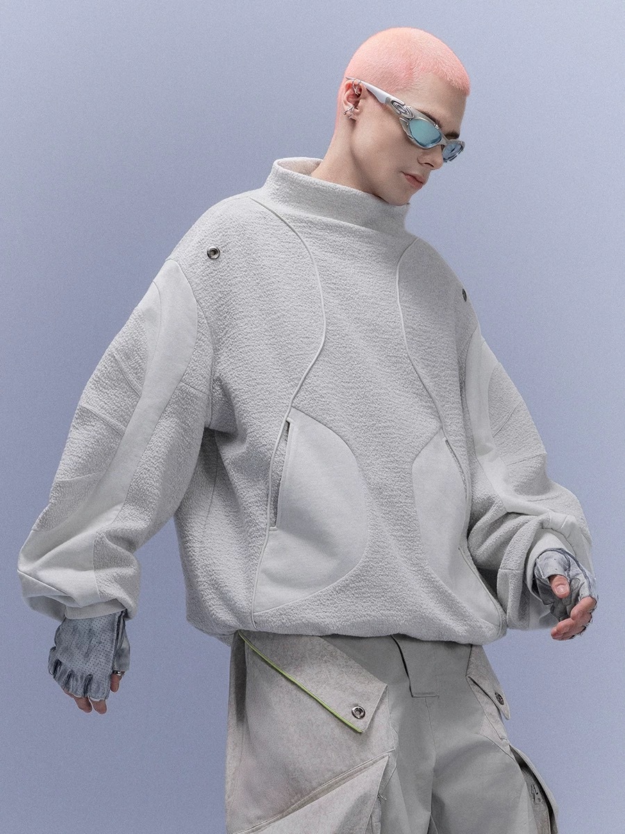 XIPHEVIL「機械式手高領衛衣」高街寬鬆彎刀袖百搭套頭外套賽博龐克