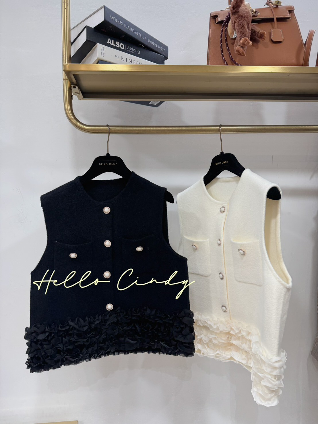 B11054 超甜美下雪紡花瓣毛呢針織背心