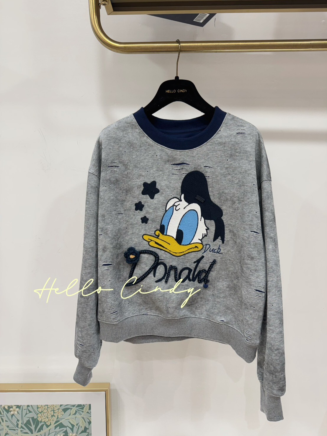 B11051 很有質感的割破撞色唐老鴨造型大學T